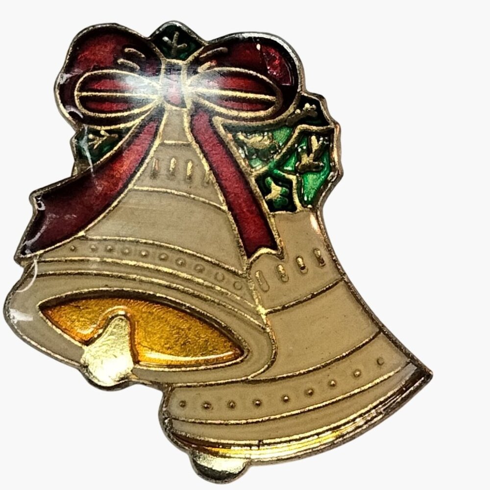 Vintage Christmas Bell Enamel Lapel Pin With Bow Holly